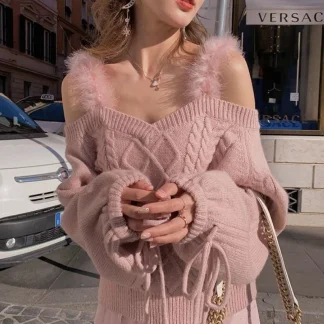 Off-Shoulder Pink Twist Sweater