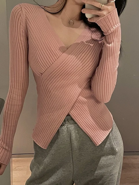 Irregular Deep V-Neck Dusty Pink Sweater | Free Shipping!