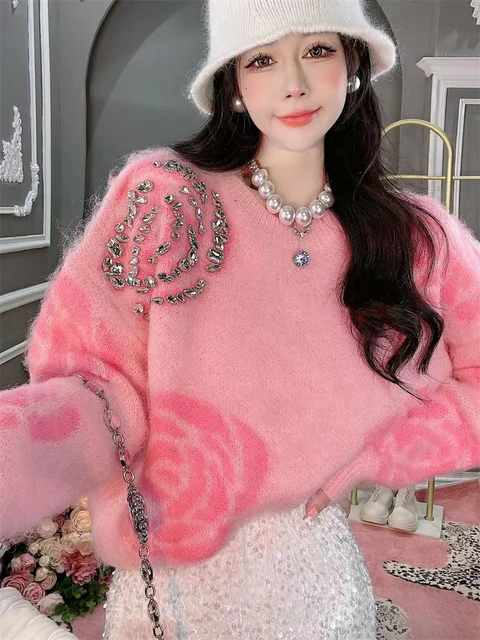 Pink pullover sweater women's hot sale